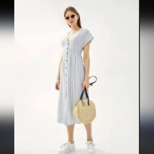 Bershka Casual Pinstriped Cotton Coastal Preppy Boho Button Front Midi Dress